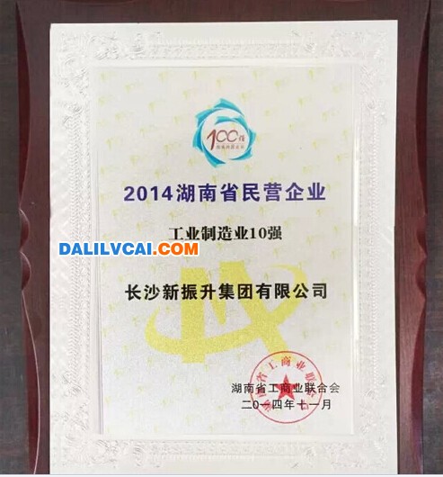振升鋁材獲2014湖南民營企業100強工業制造第10位證書圖