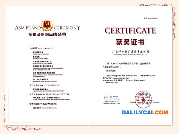 偉業鋁材榮獲“亞洲品牌500強十大最具影響力企業