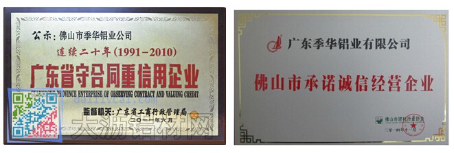 廣東季華鋁業獲得省內榮譽證書