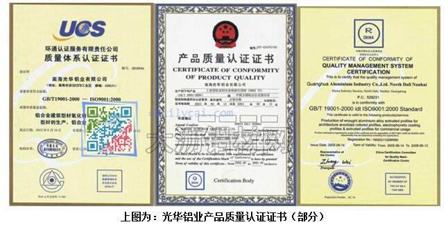 佛山市南海光華鋁業獲得的證書