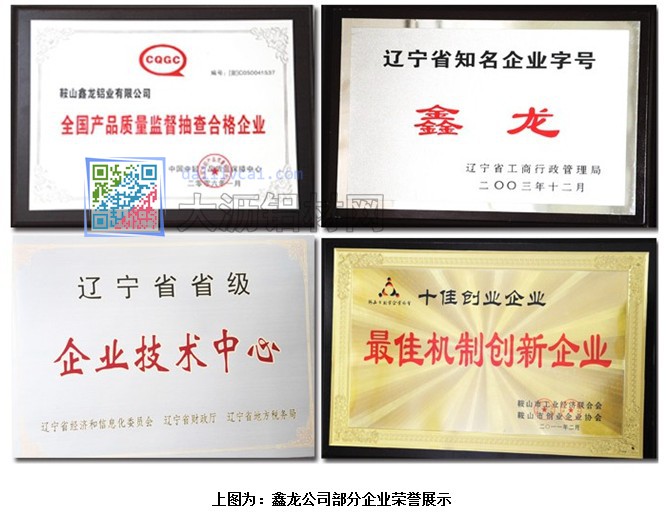 鑫龍鋁業獲得的榮譽資質證書展示