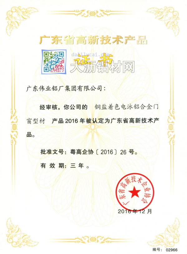 偉業(yè)生產(chǎn)的銅鹽著色電泳鋁合金門窗鋁型材獲廣東高新技術(shù)獎(jiǎng)