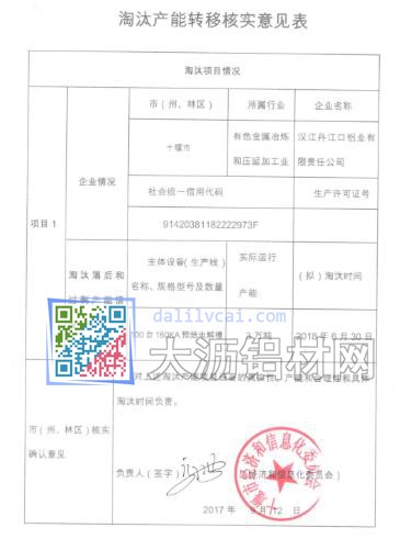 淘汰電解鋁產能轉移核實意見表