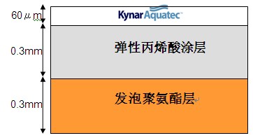 在發泡聚氨酯層上，涂刷彈性丙烯酸樹脂，最表面涂刷Kynar Aquatec?時的各層示意圖
