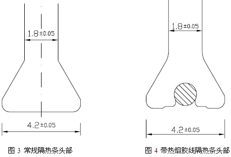 常規隔熱條頭部與帶熱熔膠線隔熱條頭部截面對比