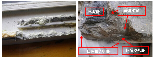 窗料腐蝕穿透處的腐蝕產物近照， 室內一側墻體轉角處墻體截面結構